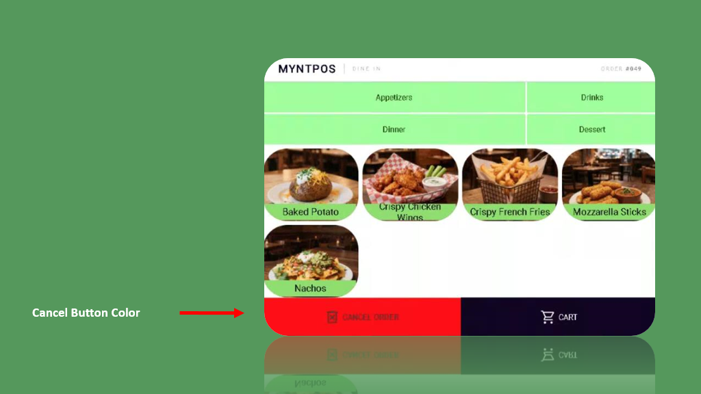 Mynt Kiosk menu with the Cancel Button Color setting highlighted
