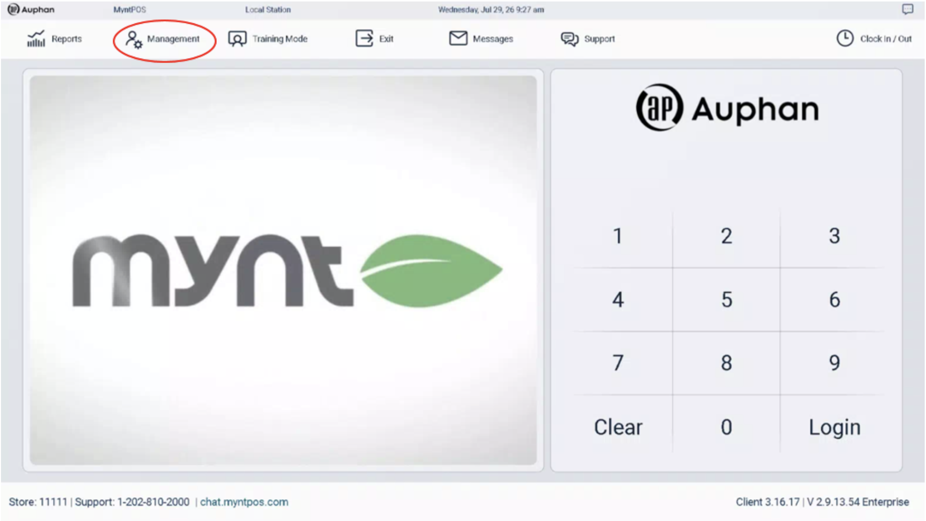 Mynt Kiosk theme login screen with Management highlighted