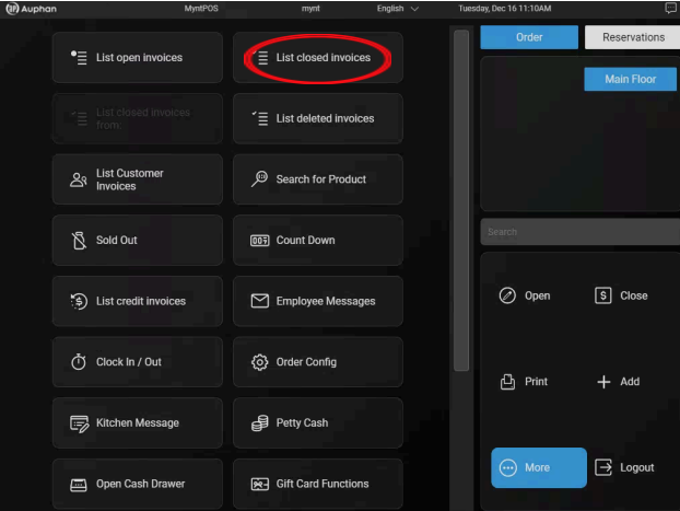 Mynt POS invoice menu with List closed invoices highlighted.