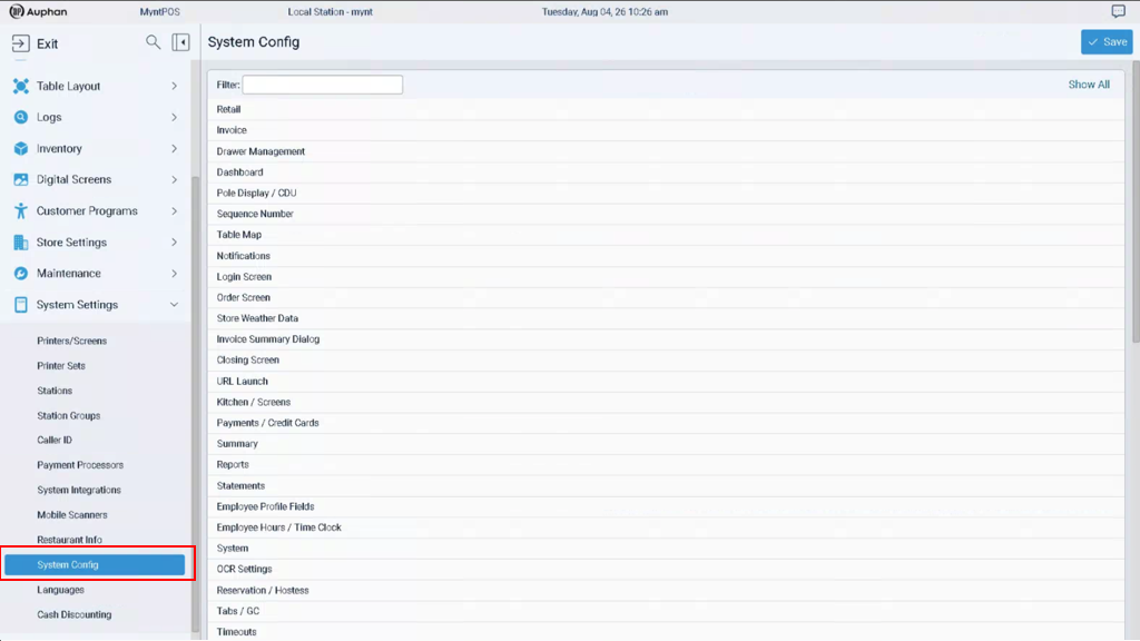Mynt Management System Settings screen with System Config highlighted