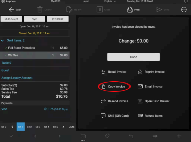 Mynt POS closed invoice details with the Copy Invoice option highlighted.