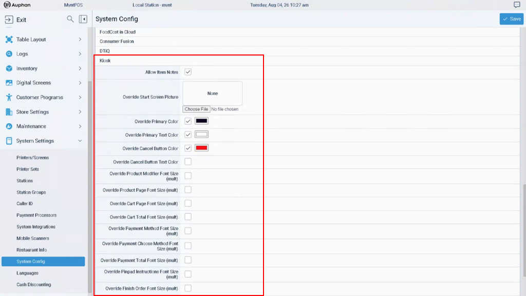 Mynt Management Kiosk settings tab