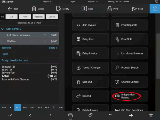 Mynt POS More menu with Independent Refund highlighted.
