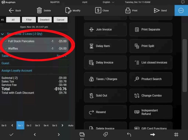 Mynt POS invoice showing negative item prices after selecting Independent Refund.