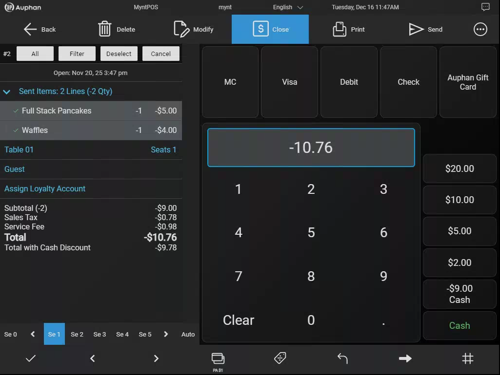 Mynt Refund Invoice - Negative Total Mynt POS payment screen showing the negative amount to be refunded.