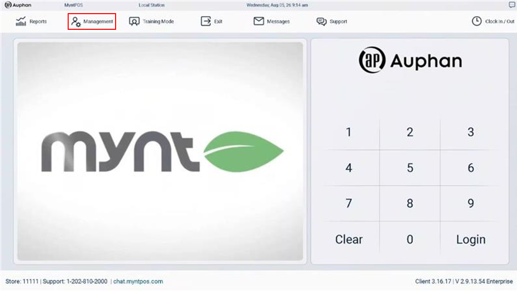 Kiosk order flow: Mynt login screen with the Management button highlighted.