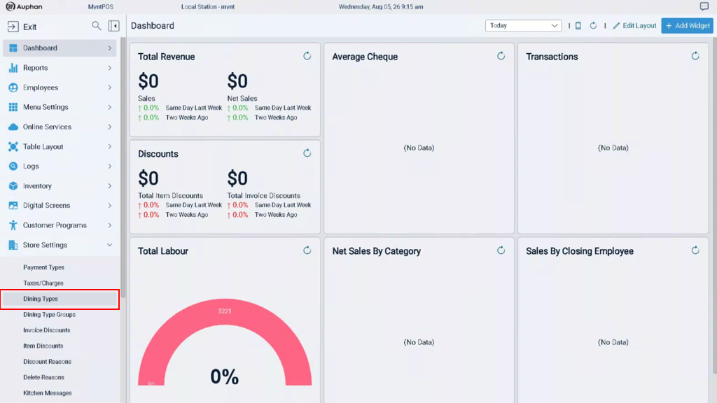 Mynt Management dashboard with Dining Types highlighted under Store Settings.