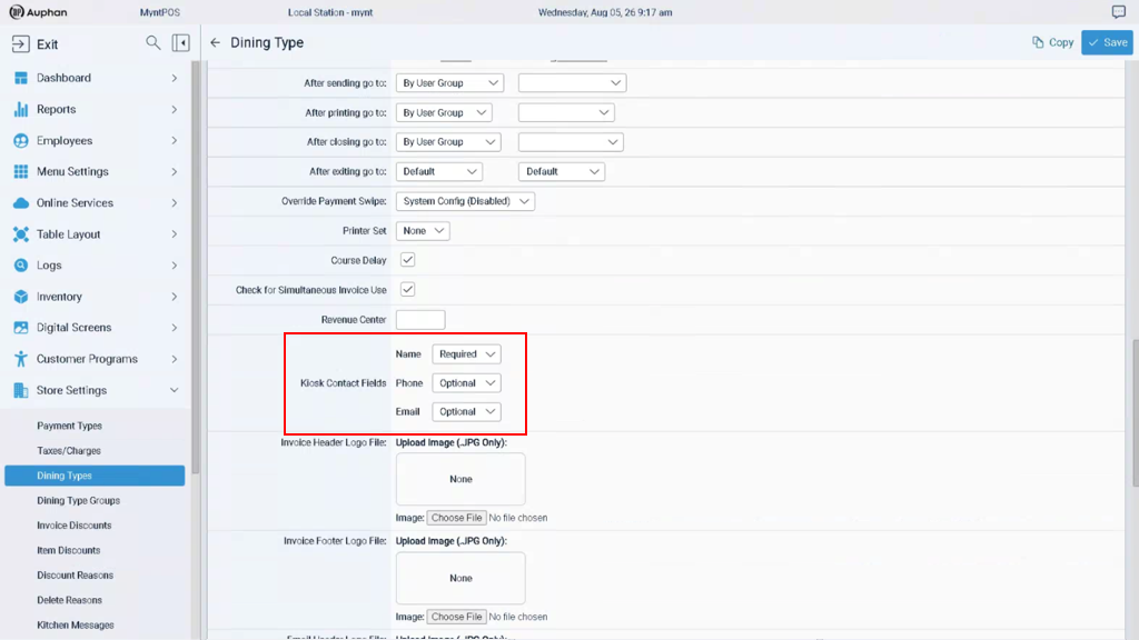 Dining Type settings with Kiosk Contact Fields highlighted: Name is Required, while Phone and Email are Optional.
