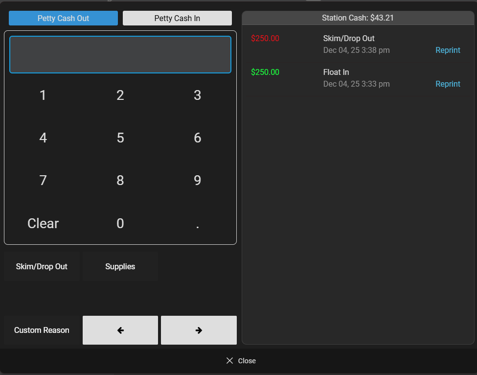 Mynt Petty Cash – Final Balance Mynt POS Petty Cash screen after Skim Drop Out showing station cash transactions