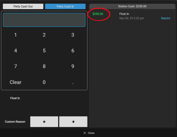 Mynt Petty Cash – Float Confirmation Mynt POS Petty Cash screen showing $250 Station Cash after Float In