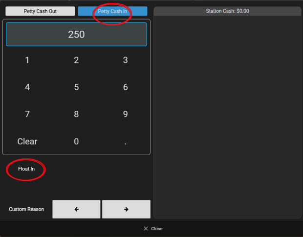 Mynt Petty Cash – Float In Mynt POS Petty Cash screen with 250 entered and Float In highlighted