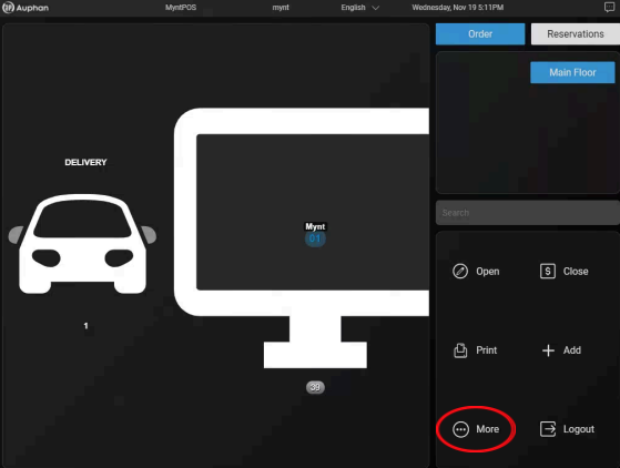 Mynt Petty Cash – More Menu Auphan POS table map with the More button highlighted