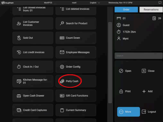Mynt Petty Cash – Petty Cash Option Auphan POS More menu with the Petty Cash option highlighted