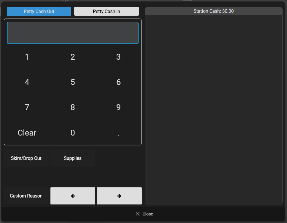 Mynt Petty Cash – Petty Cash Screen Mynt POS Petty Cash screen with Petty Cash In and Petty Cash Out tabs