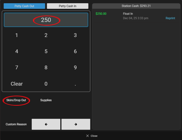 Mynt Petty Cash – Skim Drop Out Mynt POS Petty Cash screen with 250 and Skim Drop Out highlighted