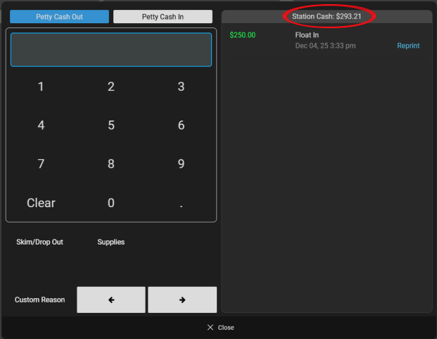Mynt Petty Cash – Station Cash Mynt POS Petty Cash screen showing Station Cash increased to $293.21