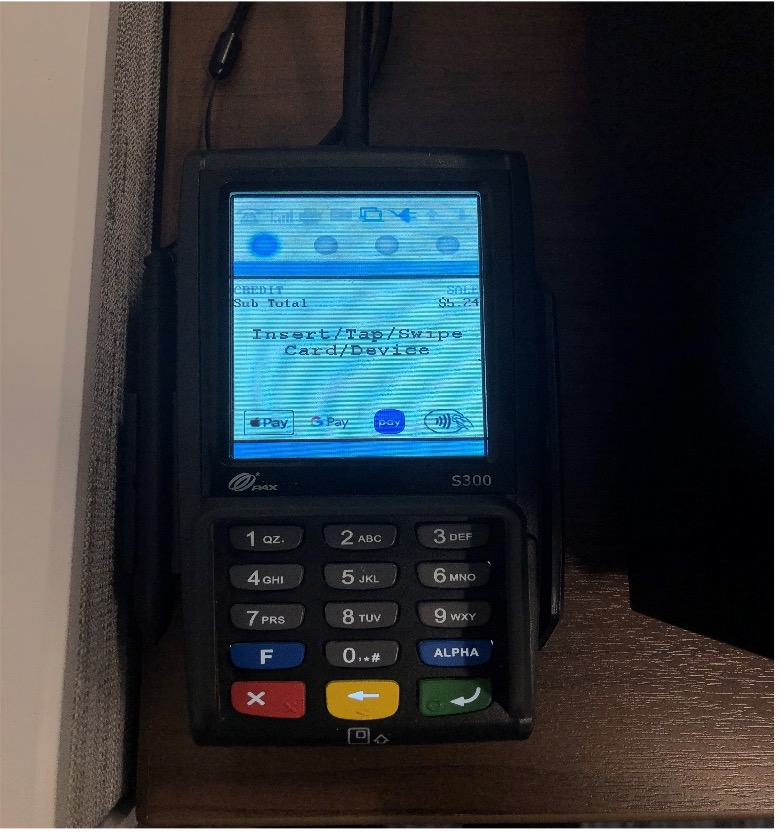 Mynt Preauthorization – Card Device Prompt PAX card reader showing insert, tap, or swipe prompt