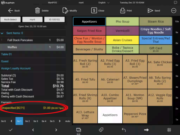 Mynt Preauthorization – Close Invoice Mynt POS invoice with the Close button and preauthorization line