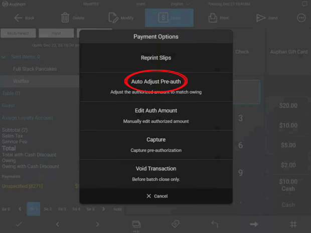 Mynt Preauthorization – Auto Adjust Pre-Auth Mynt POS Payment Options menu with Auto Adjust Pre-auth highlighted