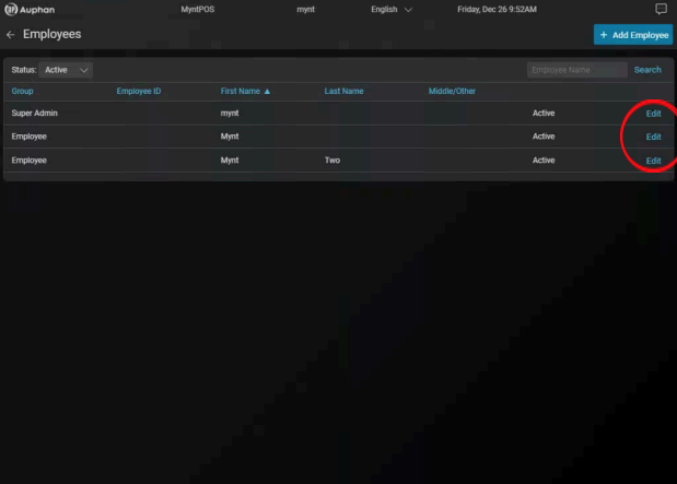Mynt POS Employees list with Edit links highlighted