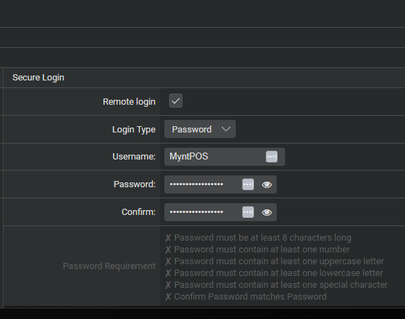 Mynt POS Secure Login password requirements