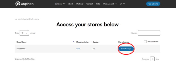 Auphan store access page with the Remote Login button highlighted