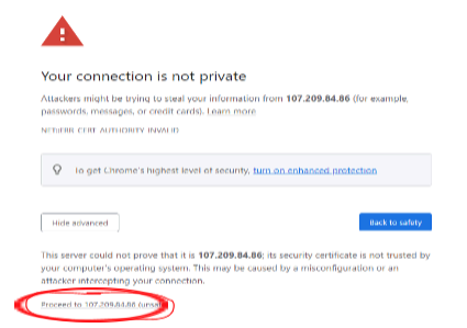 Browser connection warning with the Advanced and Proceed link highlighted