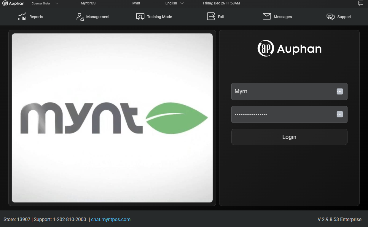 Mynt POS remote login screen with prefilled credentials