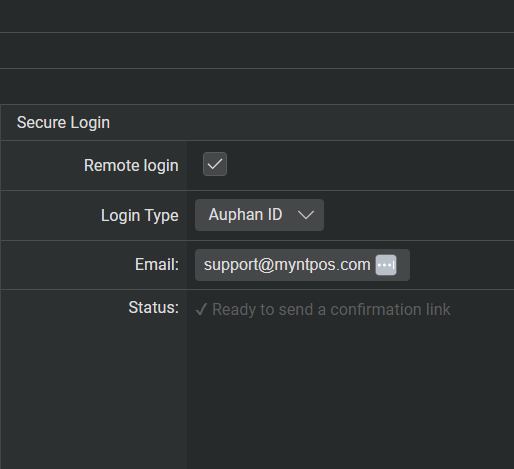 Mynt POS Secure Login settings with Auphan ID and email highlighted