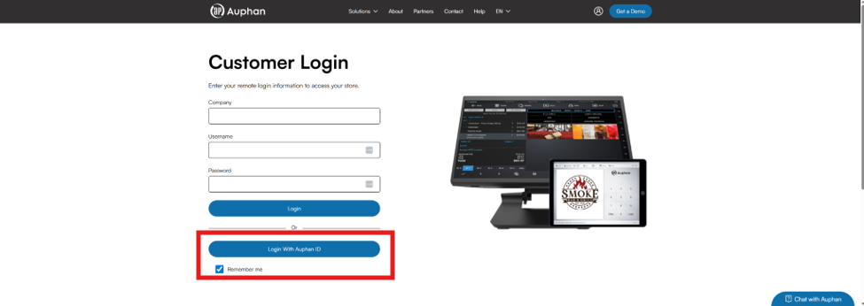Auphan Customer Login screen with Login With Auphan ID highlighted
