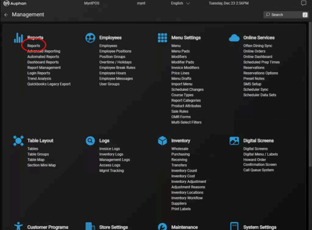 Mynt POS Management menu with Reports highlighted