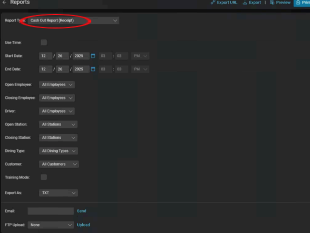 Mynt POS Reports screen with the Report Type menu highlighted