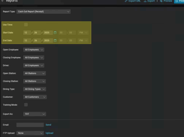 Mynt POS Reports screen with the Use Time and date range fields highlighted