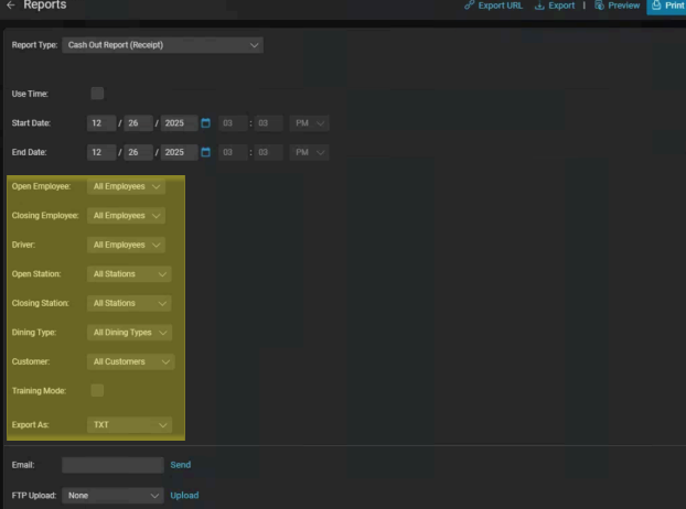 Mynt POS Reports screen with employee, station, dining type, and export filters highlighted