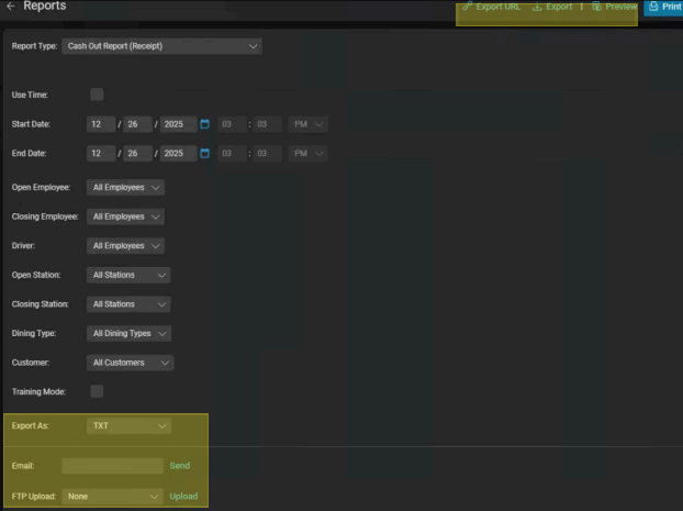 Mynt POS Reports screen with Export URL, Export, Preview, and Print controls highlighted